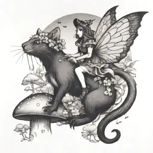 A Fairy Riding A Magical Cat Through A Forest Of Toadstools