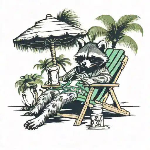 Raccoon Sitting In A Beach Chair Under A Palm Tree Drinking A Pina Coloda