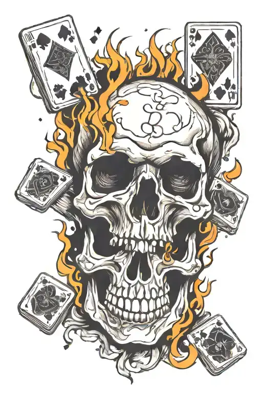 Skull With Cards Falling Down On Fire