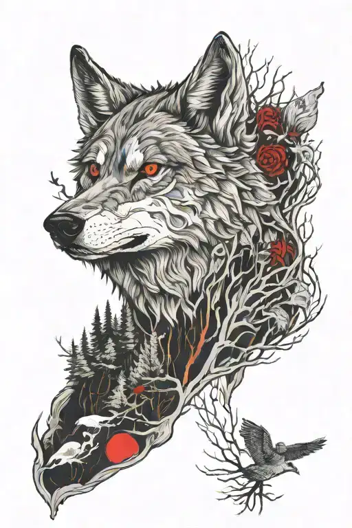 Wolf With Red Eyes With Birds Eye View Of A Haunted Forest For Background