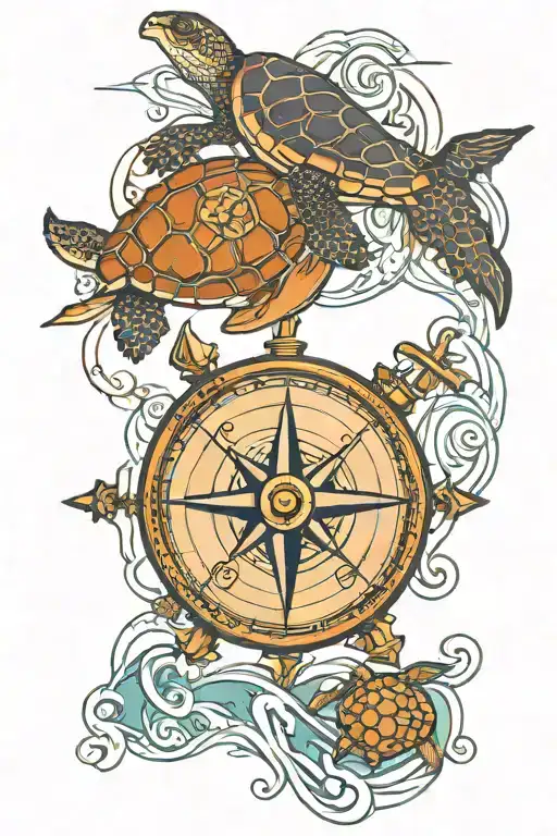 Compass And Sextant And Waves And Sea Turtle With An Old Map Background