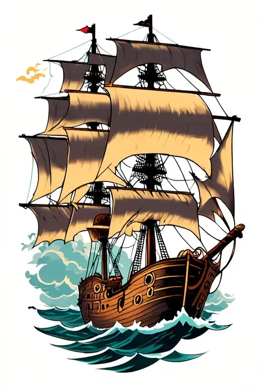 Old Wooden Pirate Ship Sailing Through Stormy