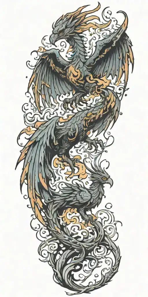 Phoenix Rising From A Tree Being Set On Fire By A Raging Dragon