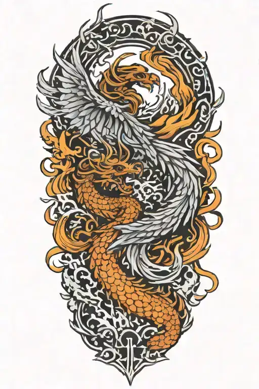 Phoenix And Dragon Rising From A Raging Fire