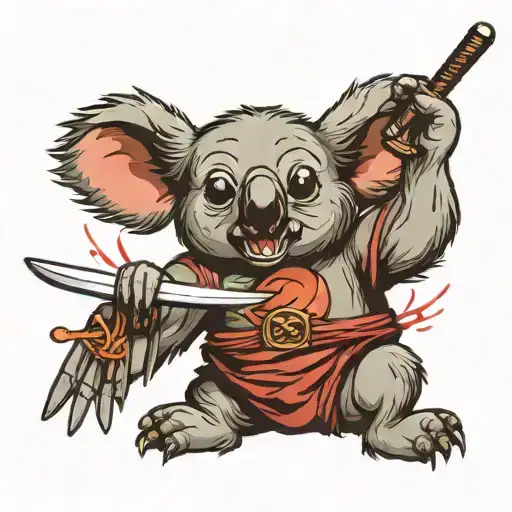 Standing Up Koala With Katana In Hands And In His Mouth