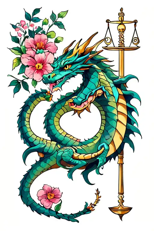 Libra Zodiac Sign With Dragon With Flowers