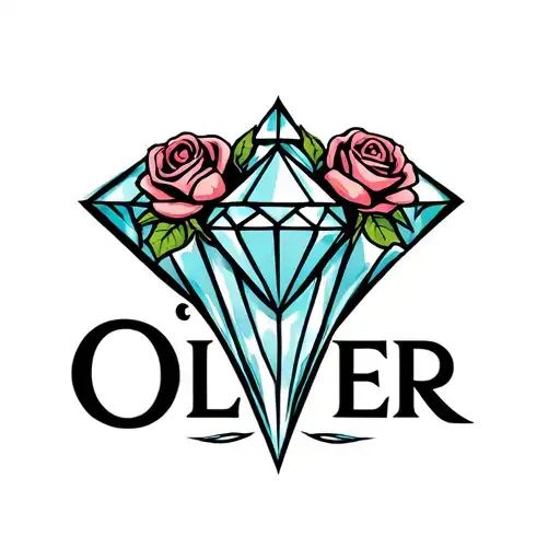 Name Oliver In Neo Traditional Style With Diamond And Roses