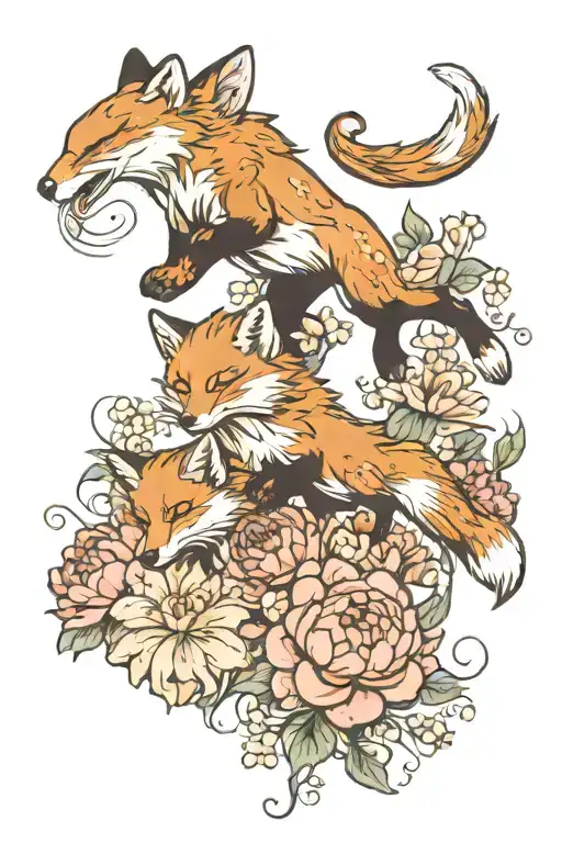Fox Jumping Down With Peonies Or Chrysanthemums