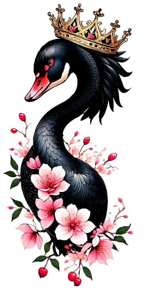 Black Swan With Crown And Cherry Blossom