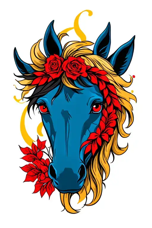 Blue Horse Head Profile With Red Eyes And A Red Wreath And A Golden Mane