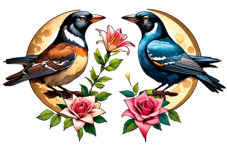 Two Birds One Holding Lily One With Rose Intertwined With Moon