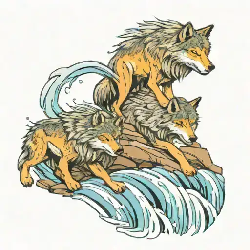 Wolves Going Down A Waterfall Flowing