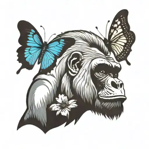 Silverback Gorilla With A Butterfly On Its Noise With A Wolf In The Background