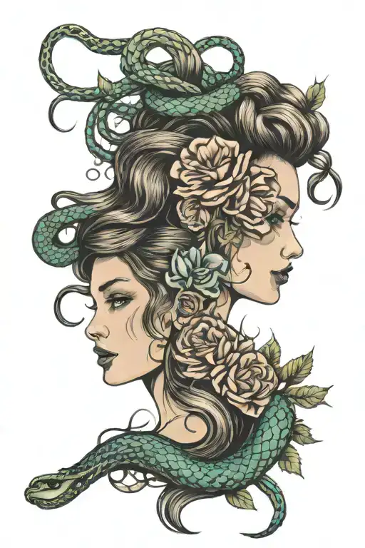 Beautiful Woman With Hair Made Of Flowers Next To A Broken Woman With Hair Made Of Snakes