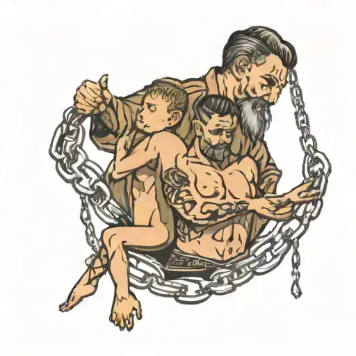 Father And Son Holding Son Up With Chains