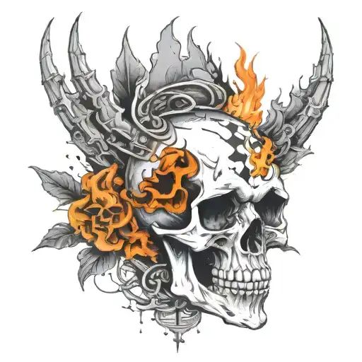 Heavy Metal Skull On Fire With An Inverted Cross