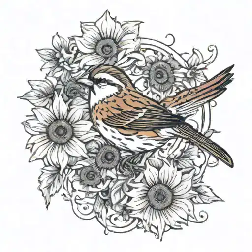 Sparrow And Sunflower Field With Music Notes Intertwined