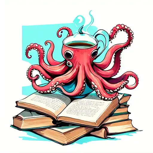 Octopus On Pile Open Books Drink Tea