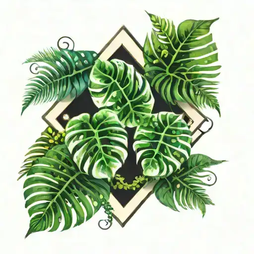 Monstera Leaves With Ferns And Diamond Shape Around Design