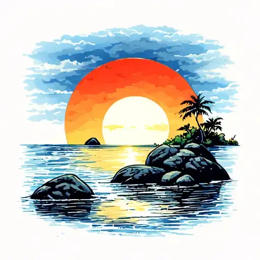 Rising Sun Over The Beach With Rocks Large Rocks Protruding From The Water