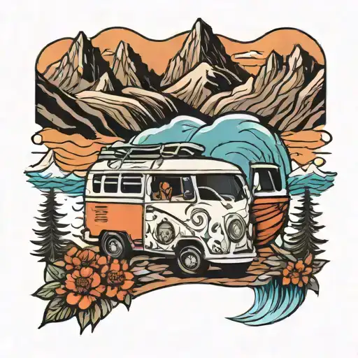 Camper Van Mountains Waves Line Drawing