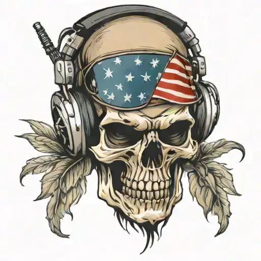 Military Patriotic Skull Wearing Headphones