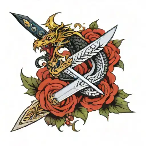 A Unique Design Of A Sword Morphing Into A Dragon's Tail With Floral Accents