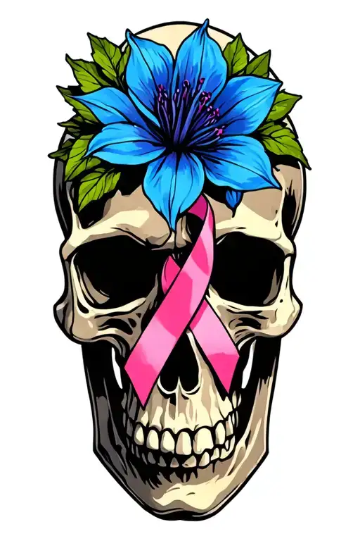 Colorado Blue Columbine Flower And Skull With Breast Cancer Ribbon