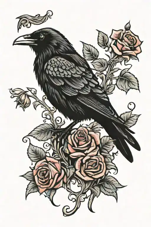 Raven Perched With Roses Red