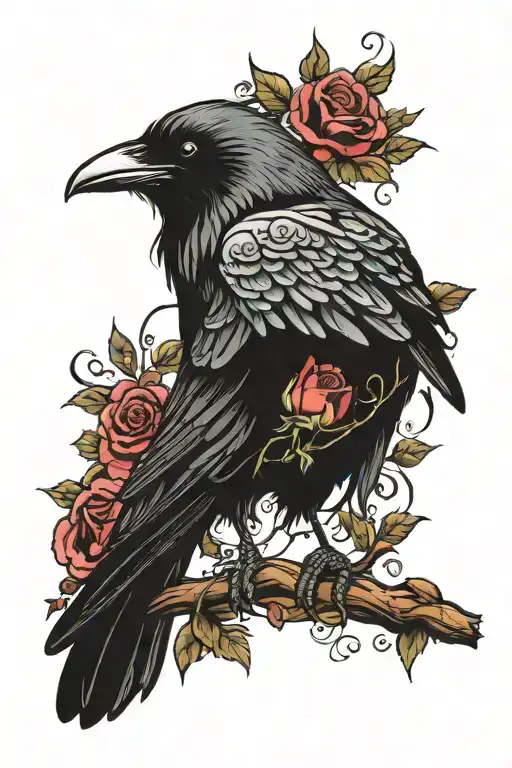 Raven Perched With Roses Red