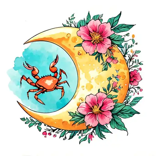 Crescent Moon With Small Crab And Flowers
