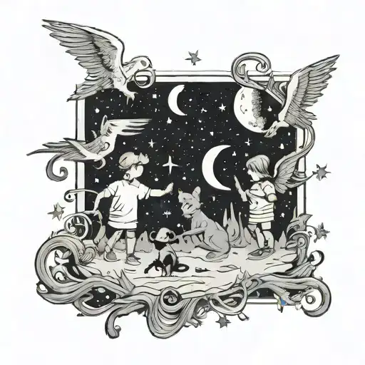 An Eerie Scene Of Kids Playing With Ghostly Animals Under A Starry Sky