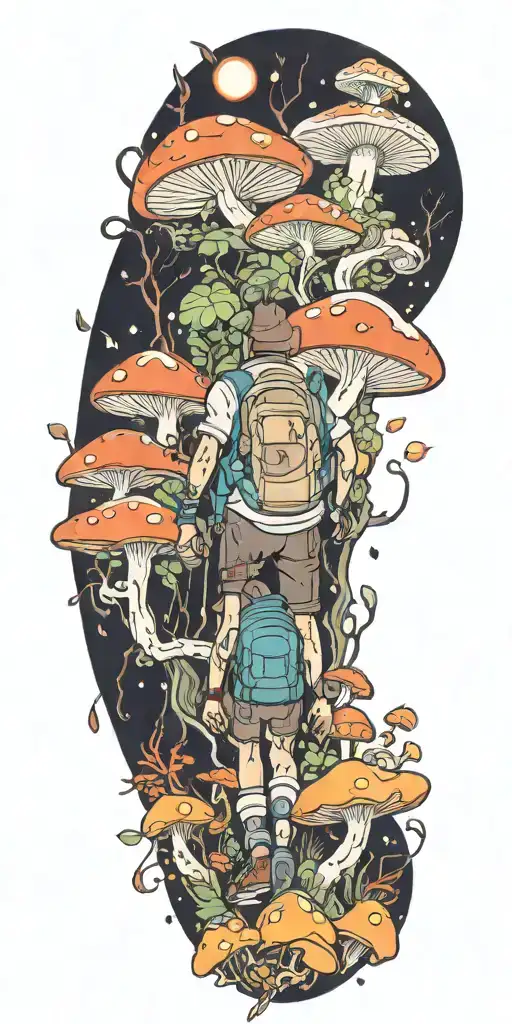 An Anime-inspired Character Hiking Through A Mystical Forest With Glowing Mushrooms