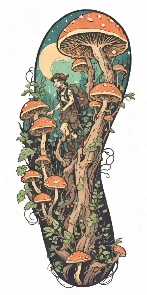 An Anime-inspired Character Hiking Through A Mystical Forest With Glowing Mushrooms