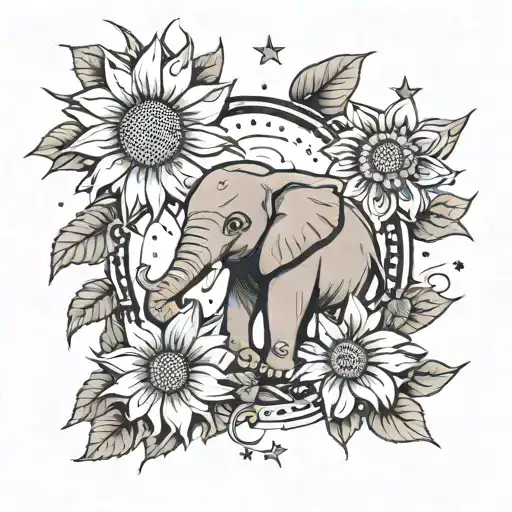 Star Gazing Lily And Sunflower With Cartoon Baby Elephant With Trunk In The Air