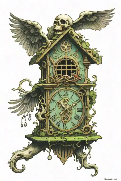 Skeleton Cucoo Clock Sitting On The Bottom Of The Ocean Covered In Moss