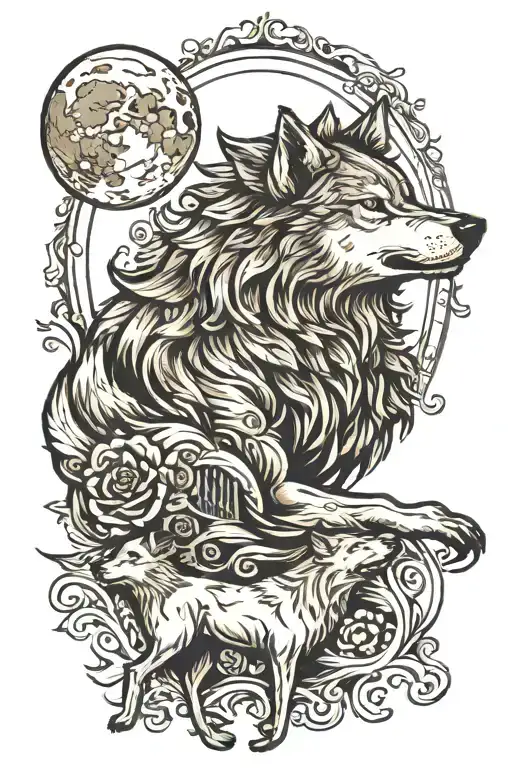 Wolf Howling And Moon Surrounded