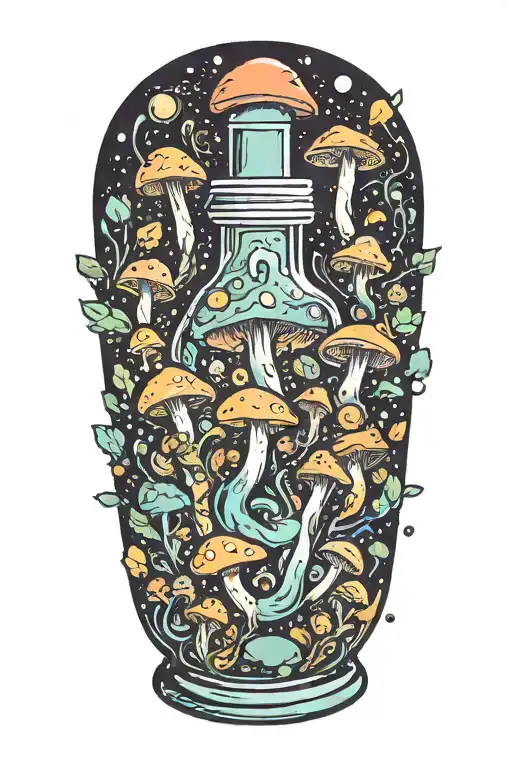 Liquid-filled Potion Bottle With Psychedelic Mushrooms All Around It