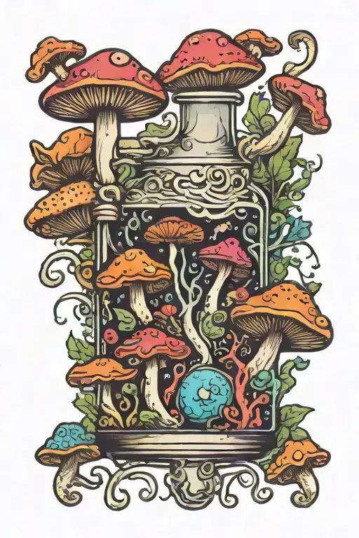 Liquid-filled Potion Bottle With Psychedelic Mushrooms All Around It