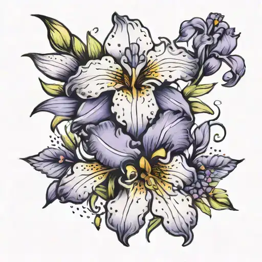 Lavender And Iris Flower Black And White Colours Calligraphy Style