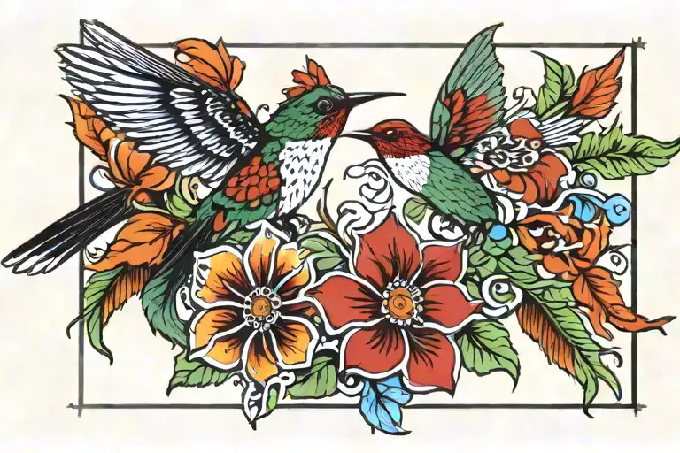 Navajo Madani Theme Scarf Flowers With Hummingbird