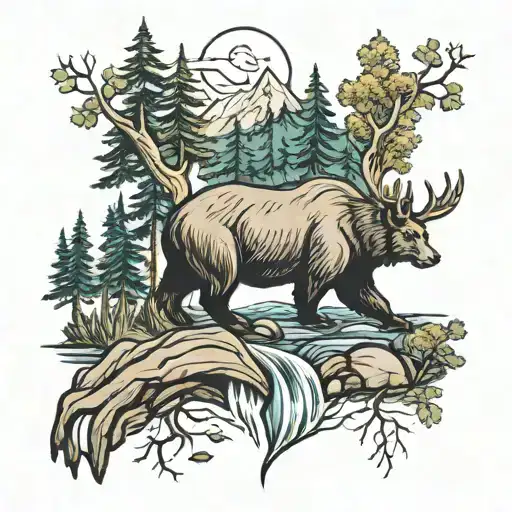 Nature River Bear Deer Mountain Trees