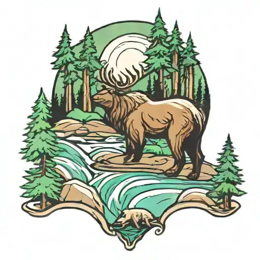Nature River Bear And Deer Mountain Green Trees