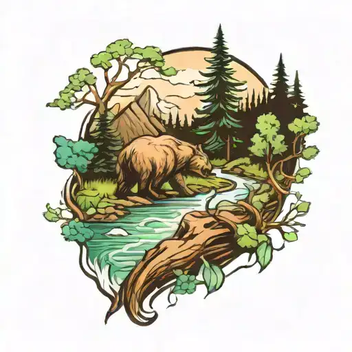 Nature River Bear And Deer Mountain Green Trees And A Hawk