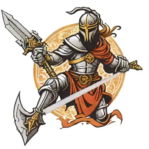 A Crusader Keeling With Sword And Battlefield Behind Him Of Akka