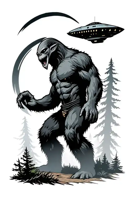 Black And Gray Big Foot In Woods With An Alien Spaceship Trying To Pick Him Up