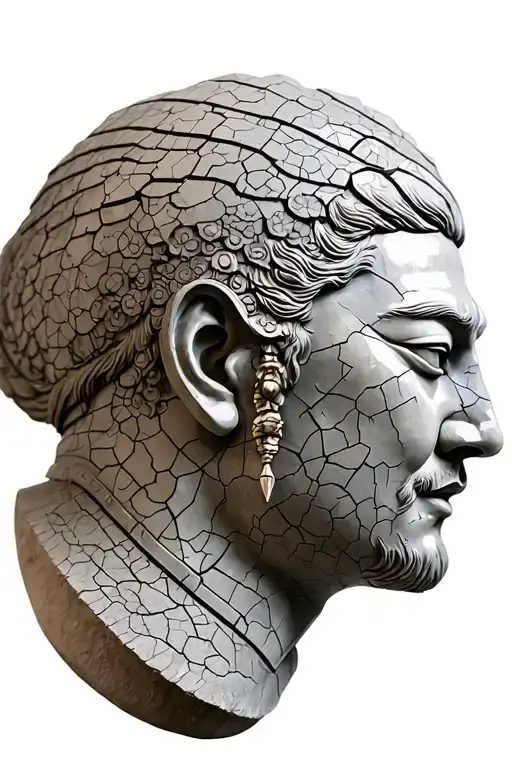 Ancient Statue Asian Warrior Head Bust Cracked