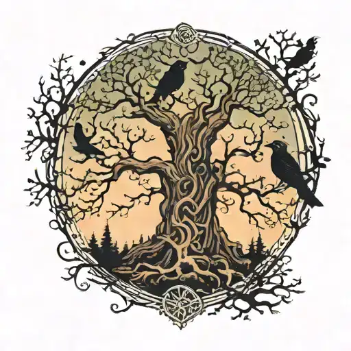 A Mystical Forest Scene With Crows Flying Overhead And Hidden Nordic Runes Within The Tree Bark