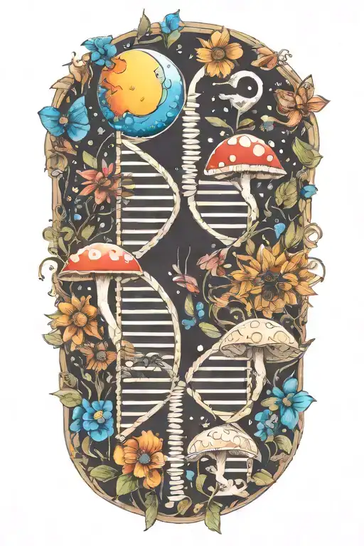 Dna Strands Made Out Of Sun And Moon With Mushrooms And Flowers