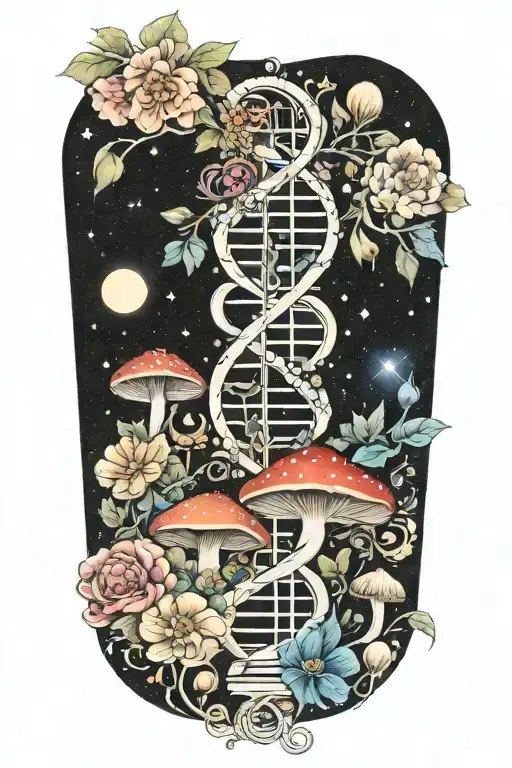 Dna Strands Made Out Of Flowers And Mushrooms In Outer Space
